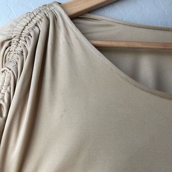 Atlein Dress Beige Ruched Long Sleeve Off Shoulder‎ Designer Midi Dress Size 40 - Picture 6 of 12